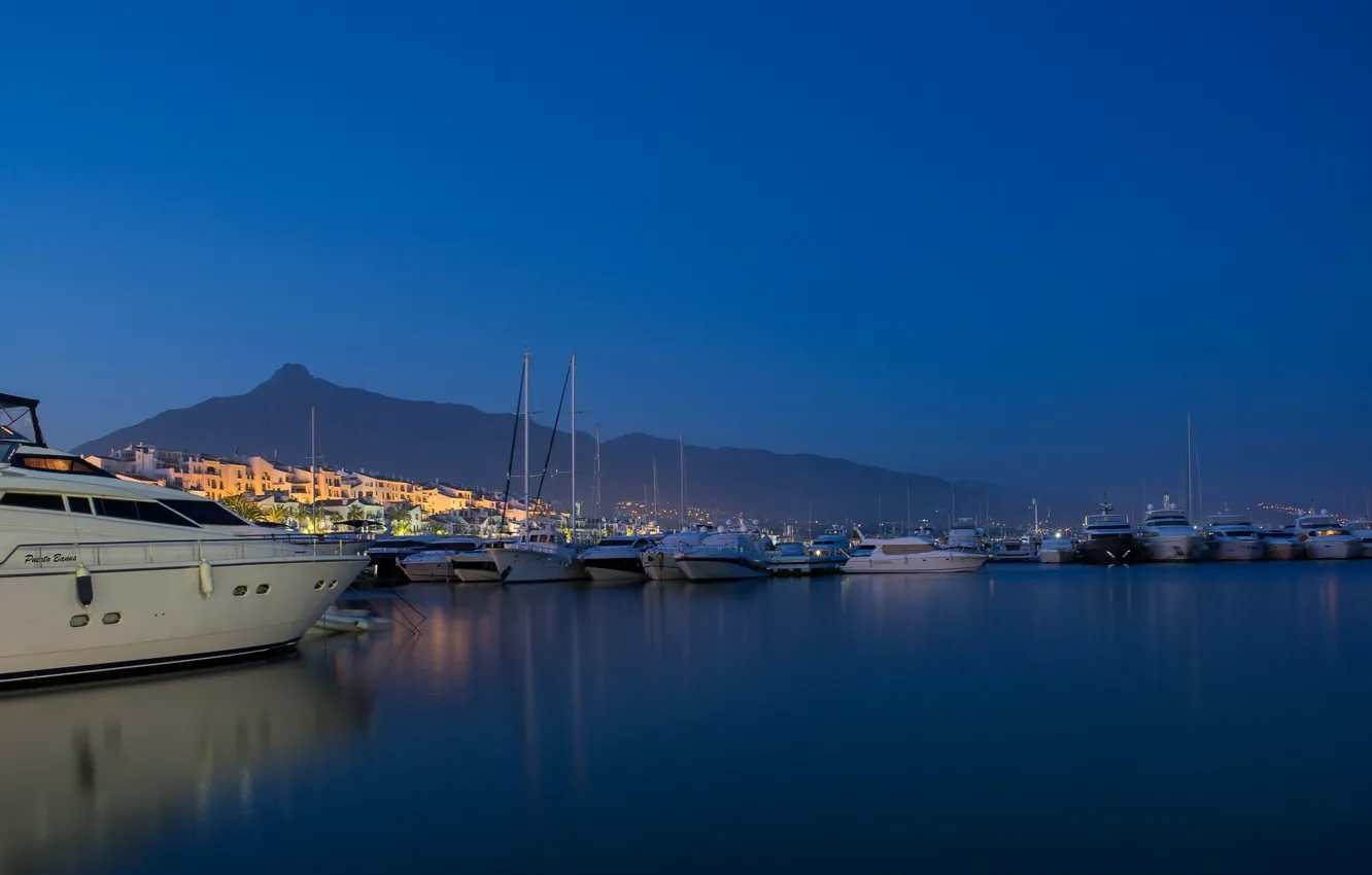 Photo wallpaper sea, the city, Marina, the evening, yacht, Spain