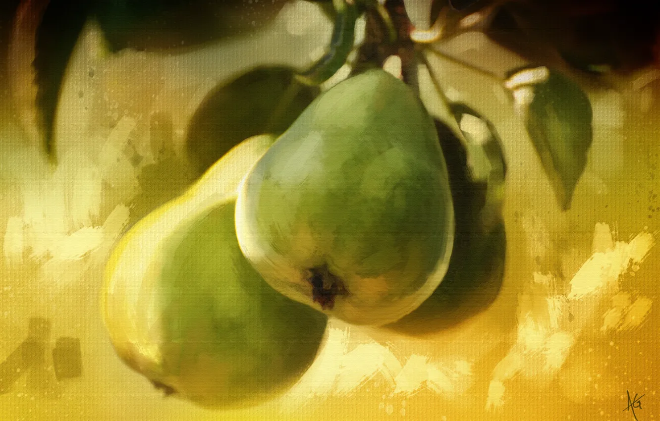 Photo wallpaper leaves, branch, fruit, pear, painting