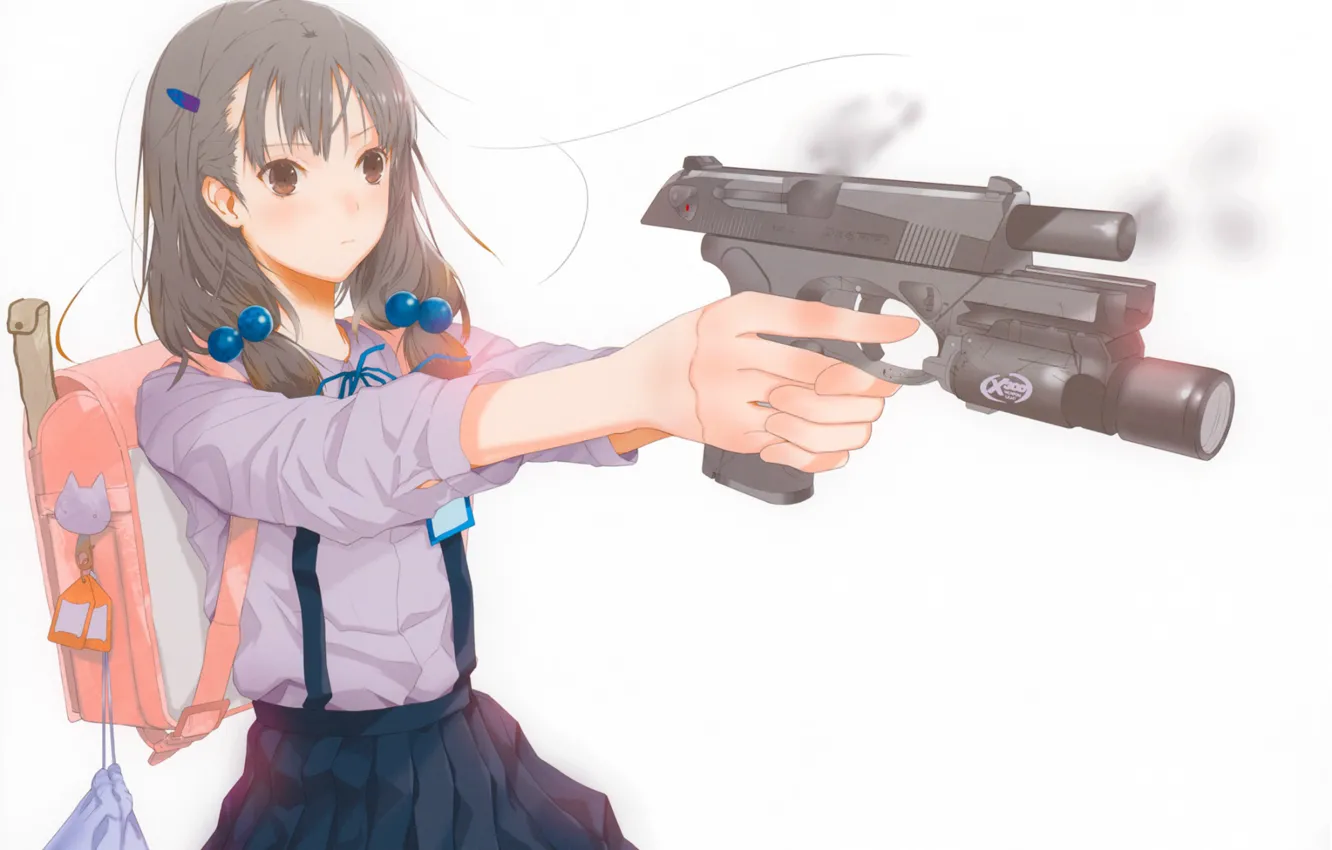 Photo wallpaper gun, shot, talisman, white background, girl, schoolgirl, satchel, haruaki fuyuno