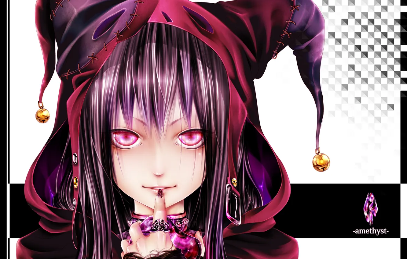 Photo wallpaper girl, skull, ring, bells, art, jester, bouno satoshi, amethyst