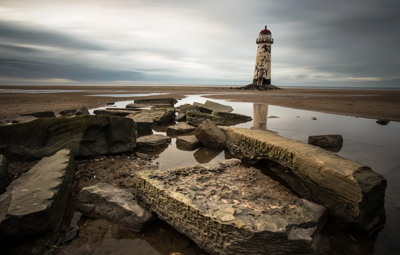 Photo wallpaper the sky, water, clouds, stones, shore, lighthouse, tide