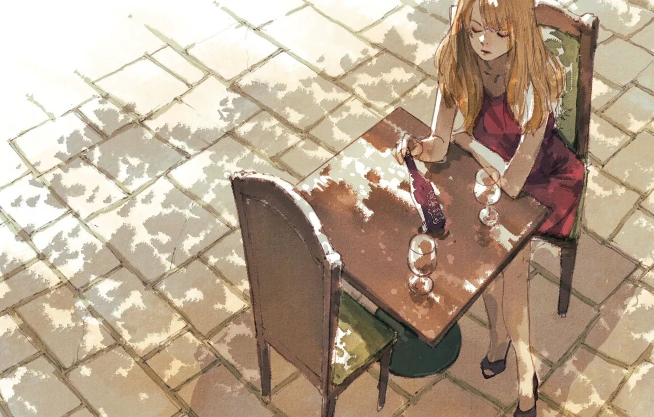 Photo wallpaper girl, cafe, table, macadam