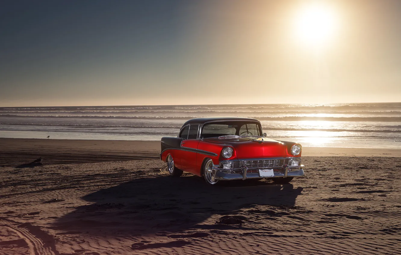 Photo wallpaper Chevrolet, Red, Car, Front, Bel Air, Sun, Water, Old