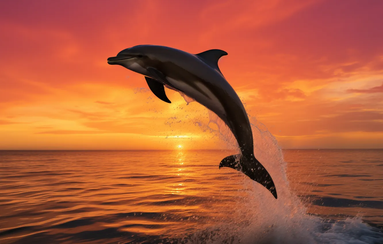 Photo wallpaper sea, the sun, dawn, jump, dolphins, digital art, AI art, The Art of Artificial Intelligence