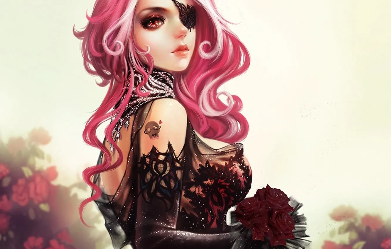 Photo wallpaper girl, flowers, roses, bouquet, art, headband, pink hair