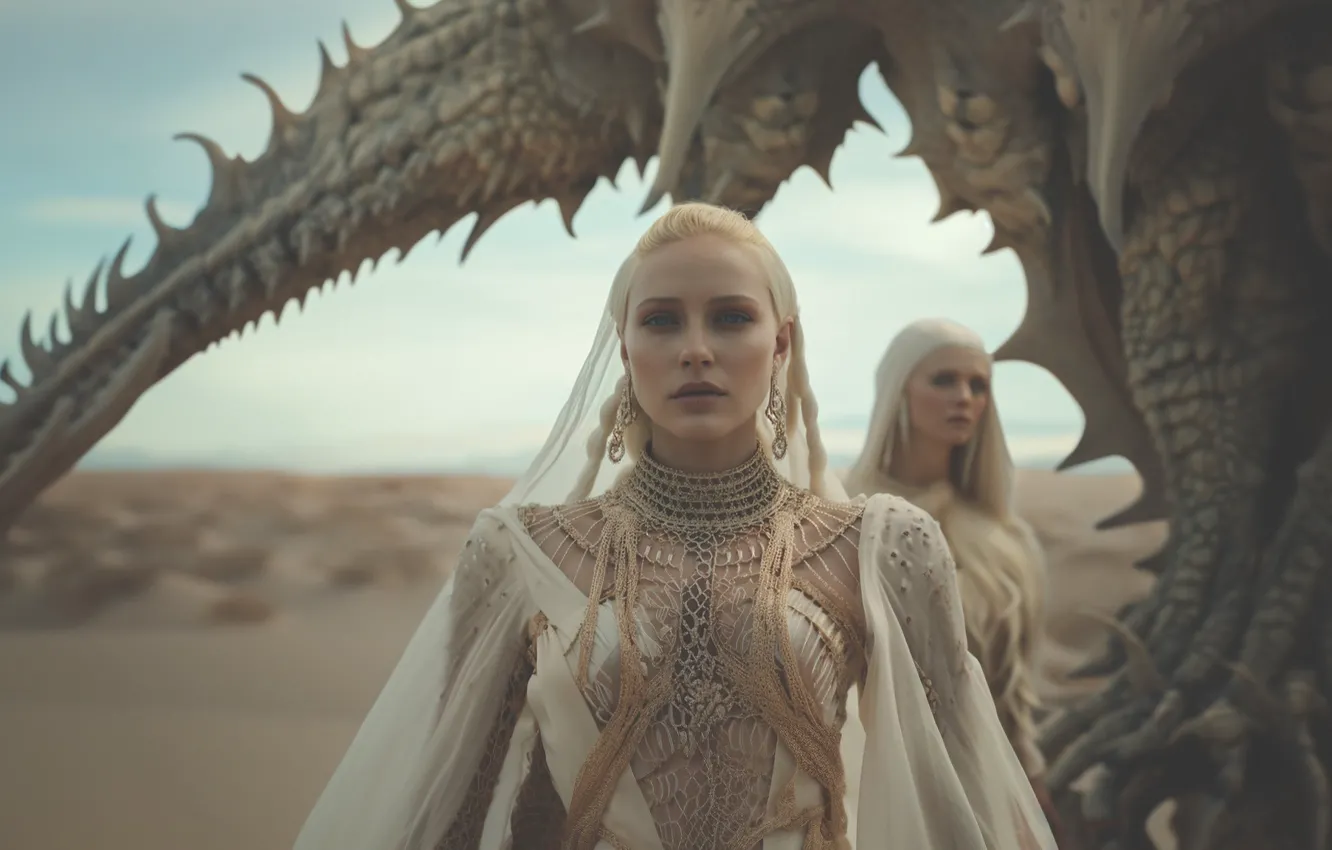 Photo wallpaper girl, decoration, nature, pose, dragon, monster, paws, dress