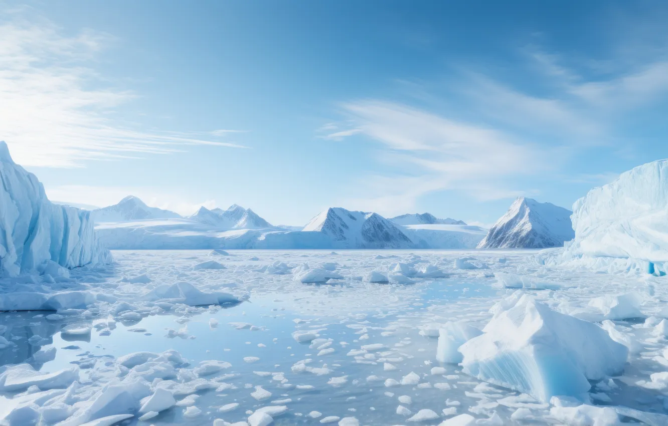 Photo wallpaper ice, winter, clouds, snow, mountains, nature, blue, shore