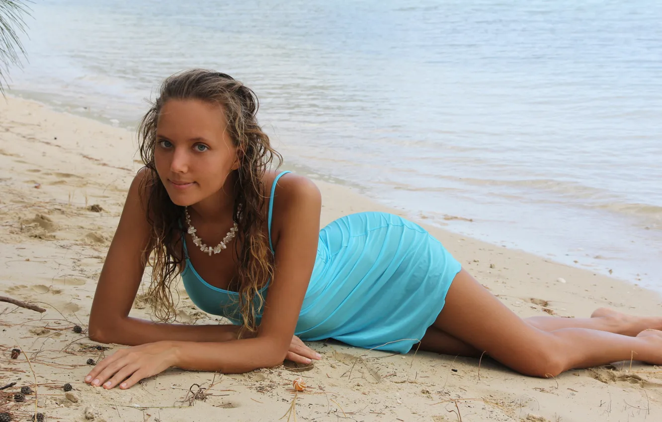 Photo wallpaper smile, model, blue dress, Katya Clover, On the beach