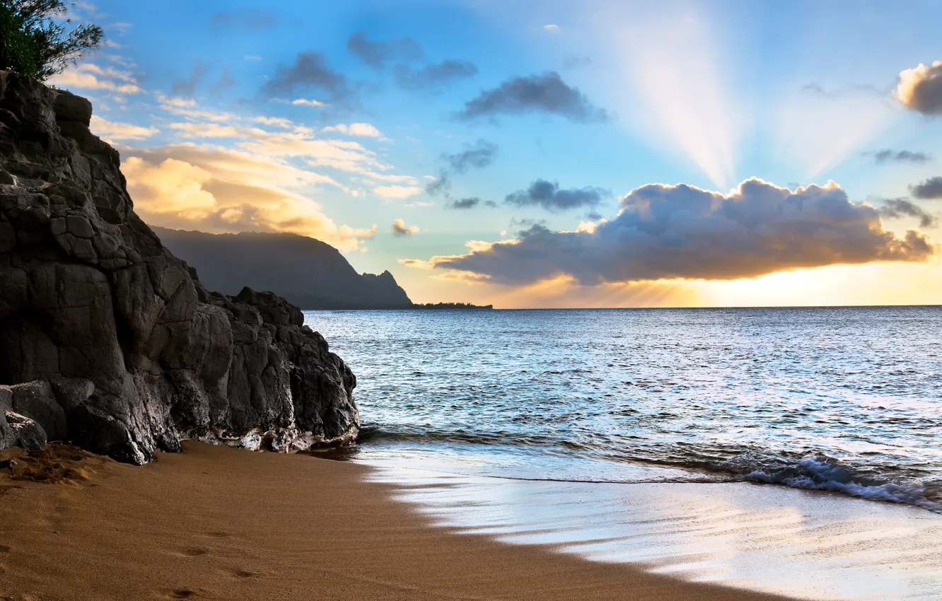 Photo wallpaper the ocean, rocks, coast, Hawaii, Kauai