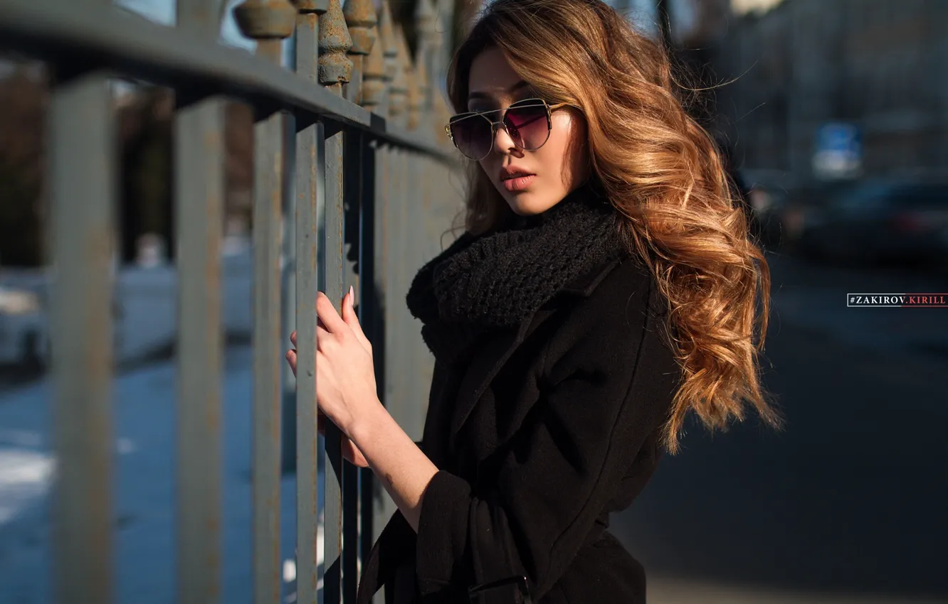 Photo wallpaper look, girl, hair, fence, glasses, curls, Cyril Zakirov, Eleonora Imasheva