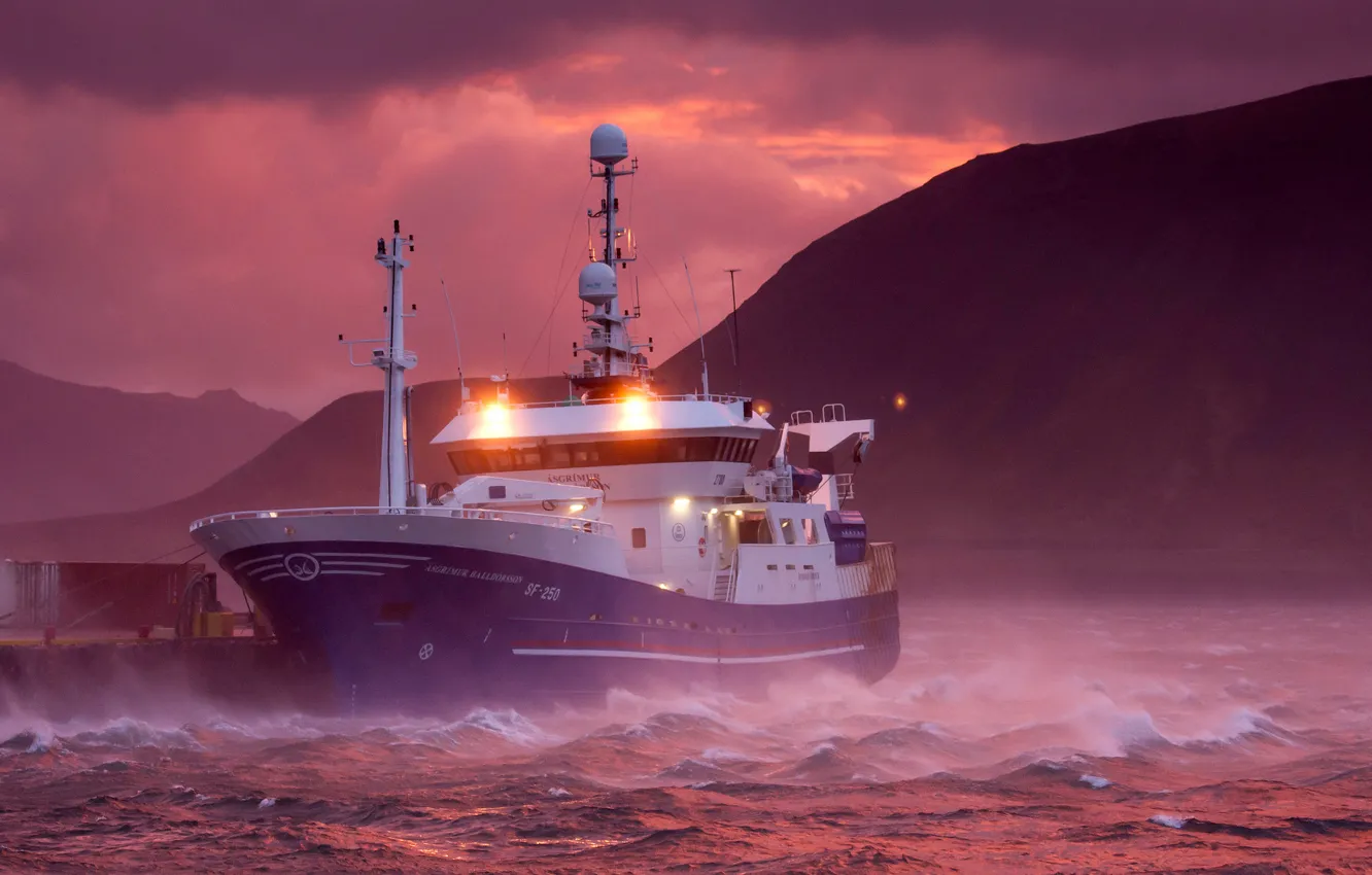 Photo wallpaper mountains, storm, dawn, ship