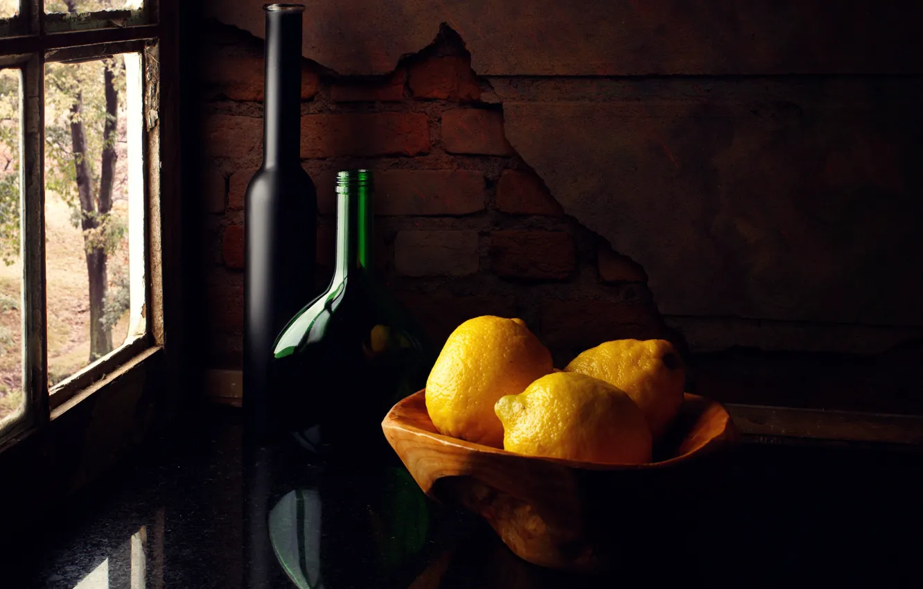 Photo wallpaper bottle, still life, lemons, Lemons