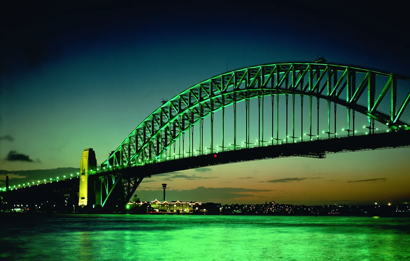 Photo wallpaper green, The evening, Lights, Bridge