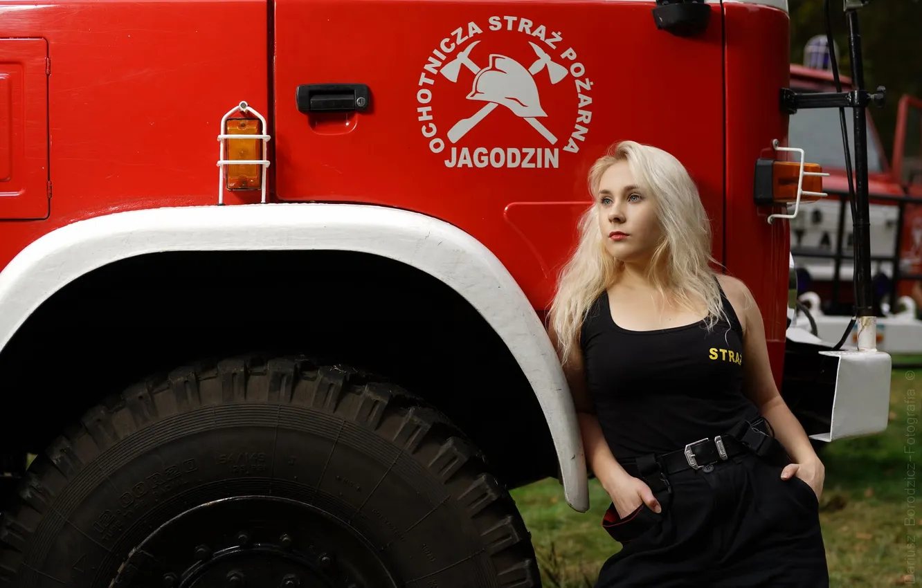 Photo wallpaper blonde, Natalia, fire truck, Borodzicz Dariusz