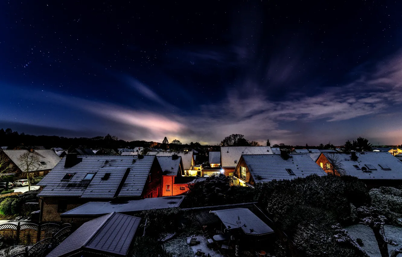 Photo wallpaper winter, roof, stars, clouds, light, snow, night, lights