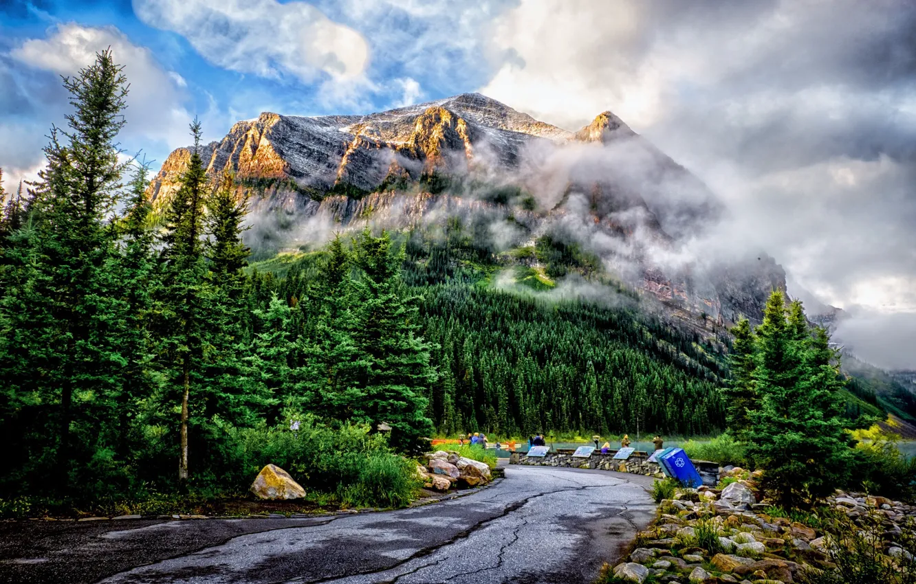 Photo wallpaper tent, mountains, nature, clouds, landscape, rocks