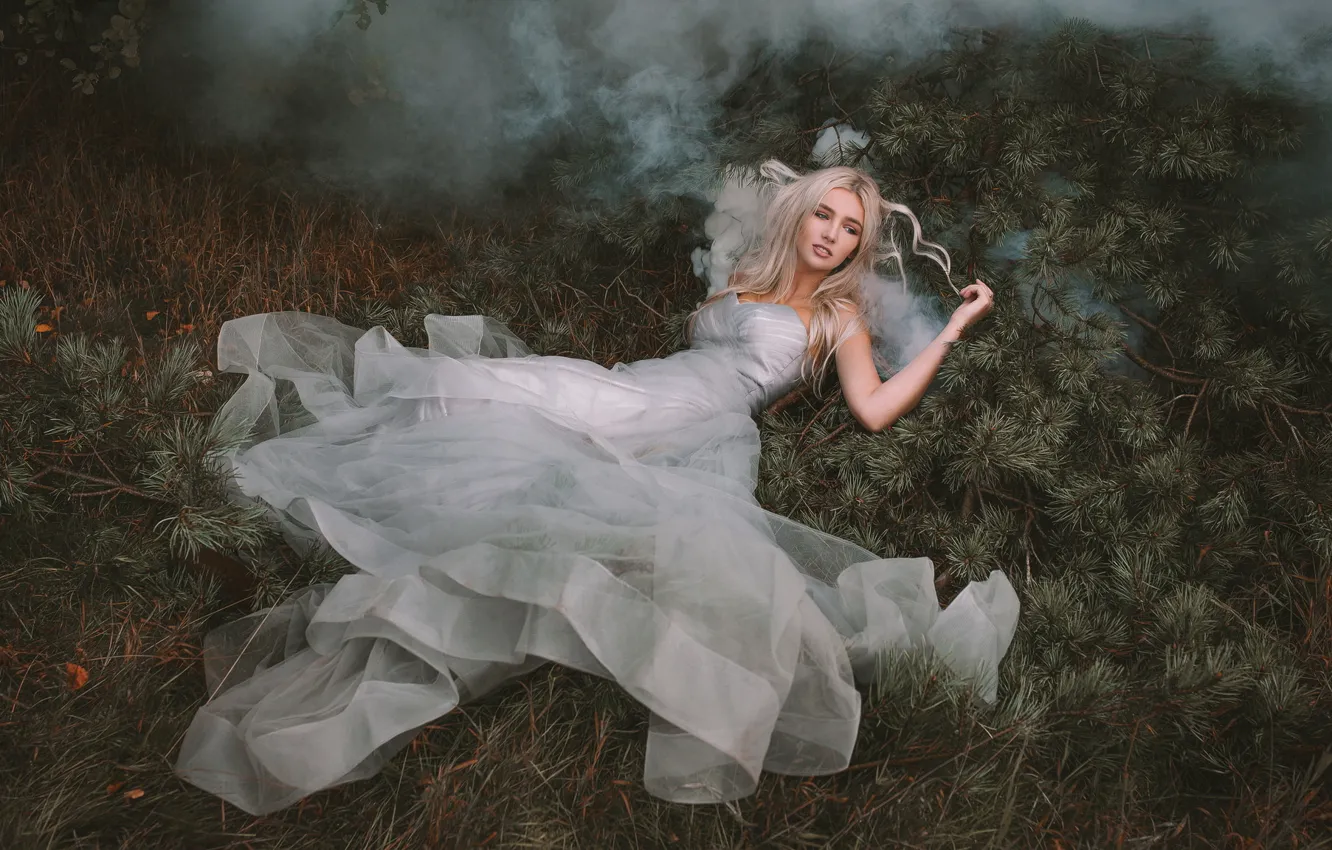 Photo wallpaper forest, girl, fog, smoke, dress, blonde, lies, needles