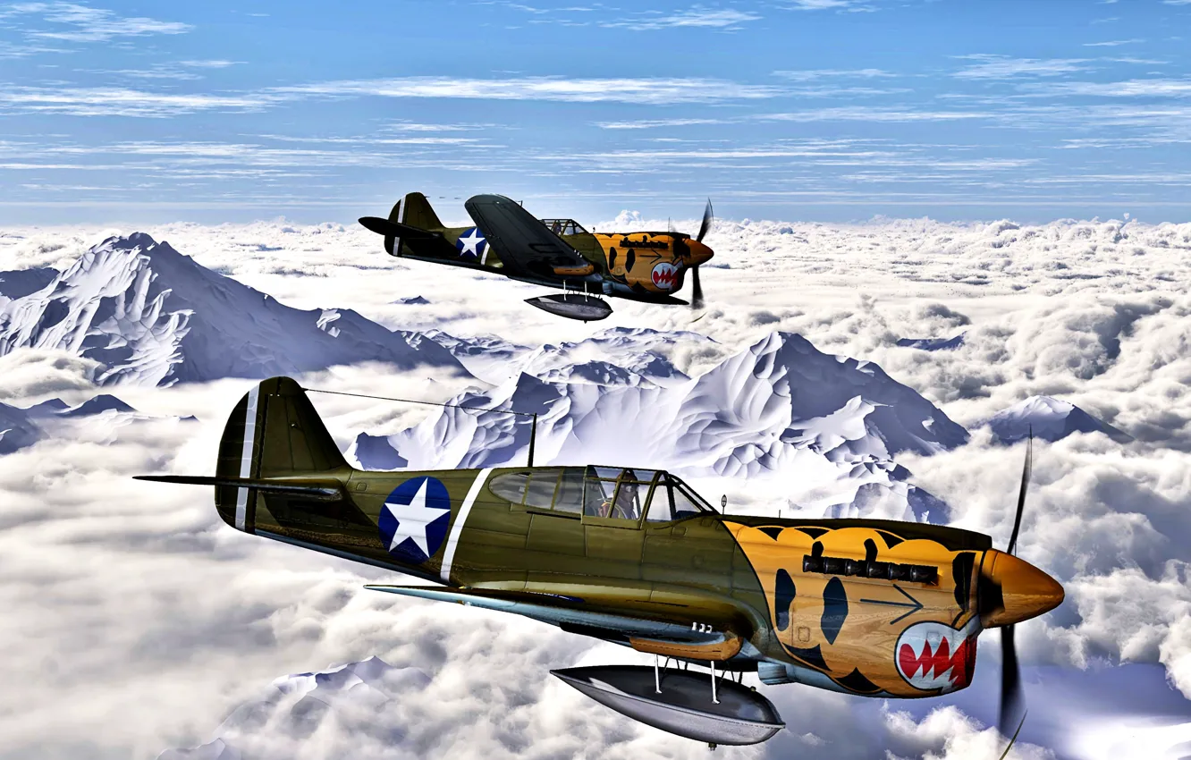 Photo wallpaper 1942, Warhawk, P-40E, ''Aleutian Tigers'', 11th FS, 343rd FG, 11th US Army Air Force
