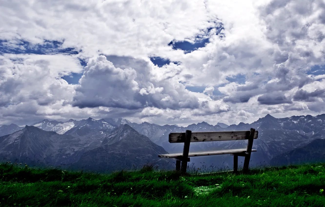 Photo wallpaper the sky, grass, mountains, bench, nature, landscapes, beauty