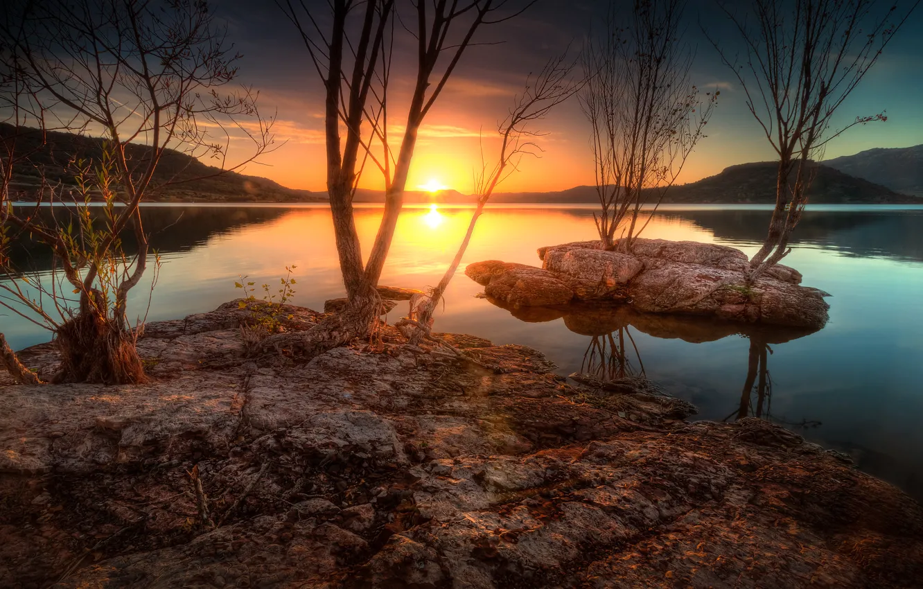 Photo wallpaper sunset, mountains, lake, France, Selle, Languedoc-Roussillon