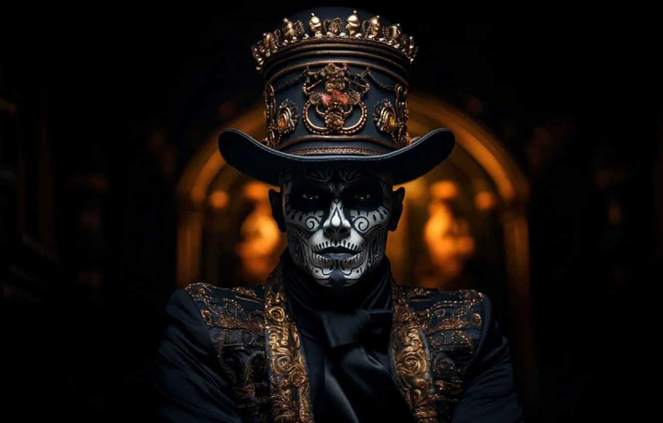 Photo wallpaper mask, costume, male, carnival, cylinder, bokeh, digital art, digital art