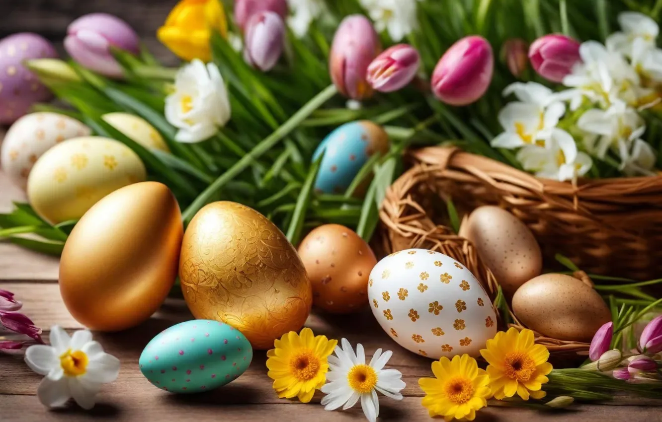 Photo wallpaper flowers, eggs, spring, colorful, Easter, flowers, spring, Easter