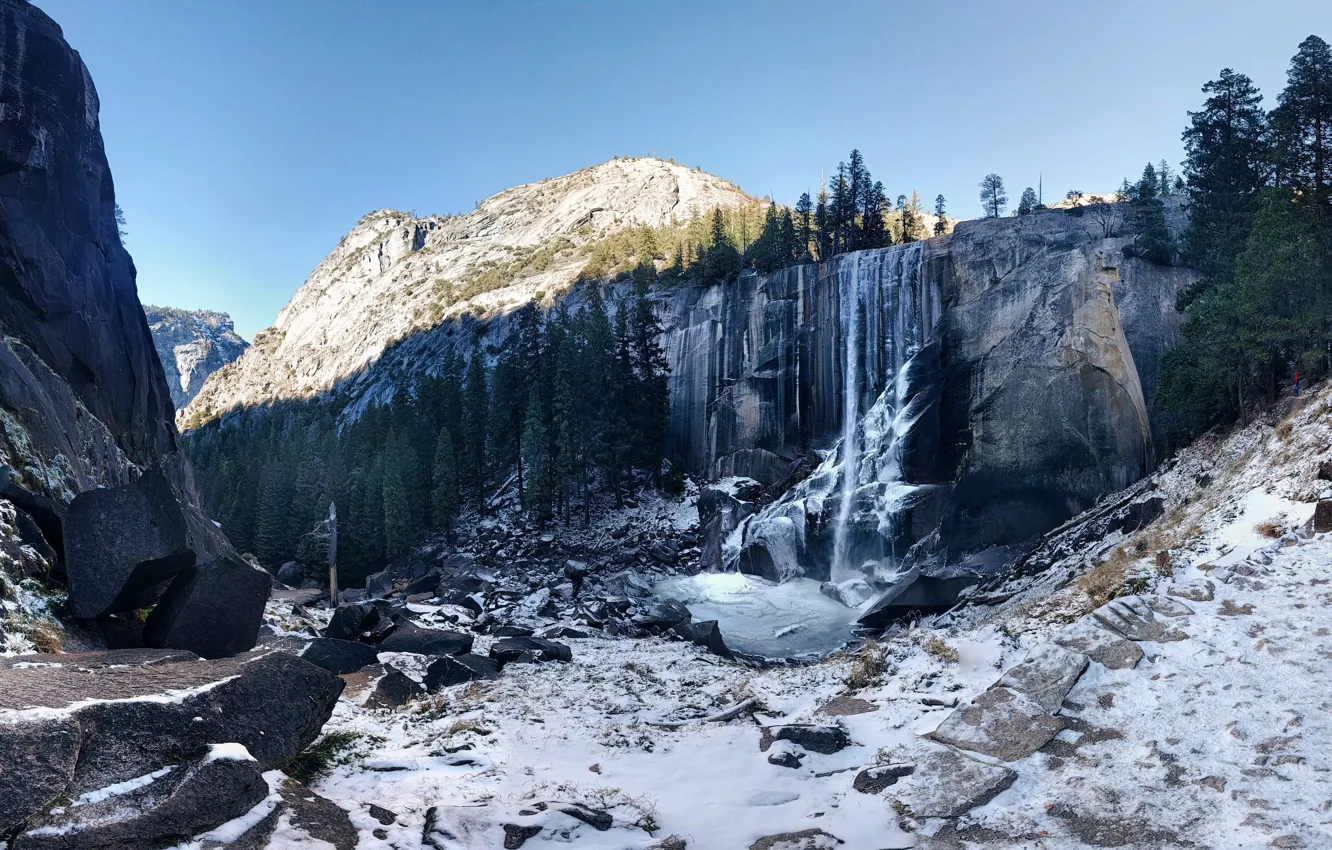 Photo wallpaper the sky, snow, trees, mountains, nature, stones, rocks, waterfall