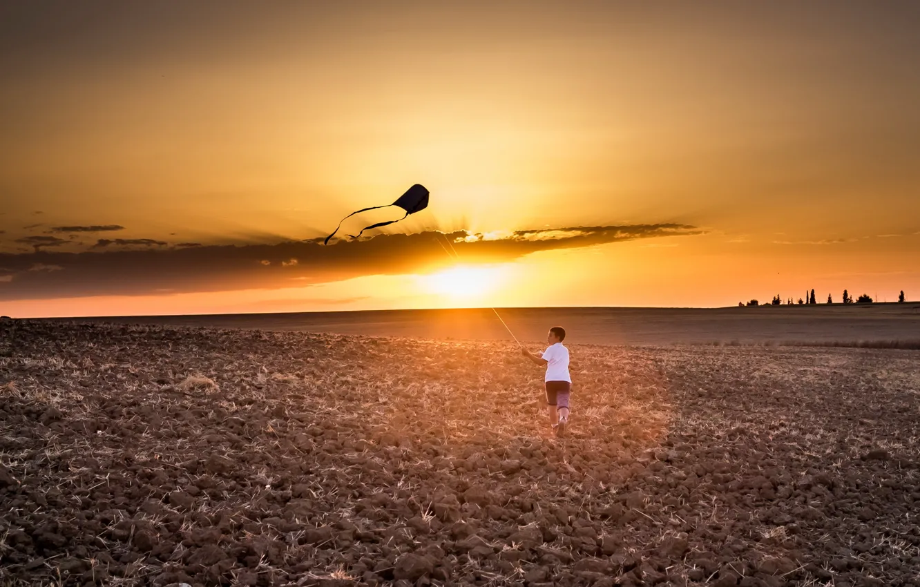 Photo wallpaper field, sunset, boy
