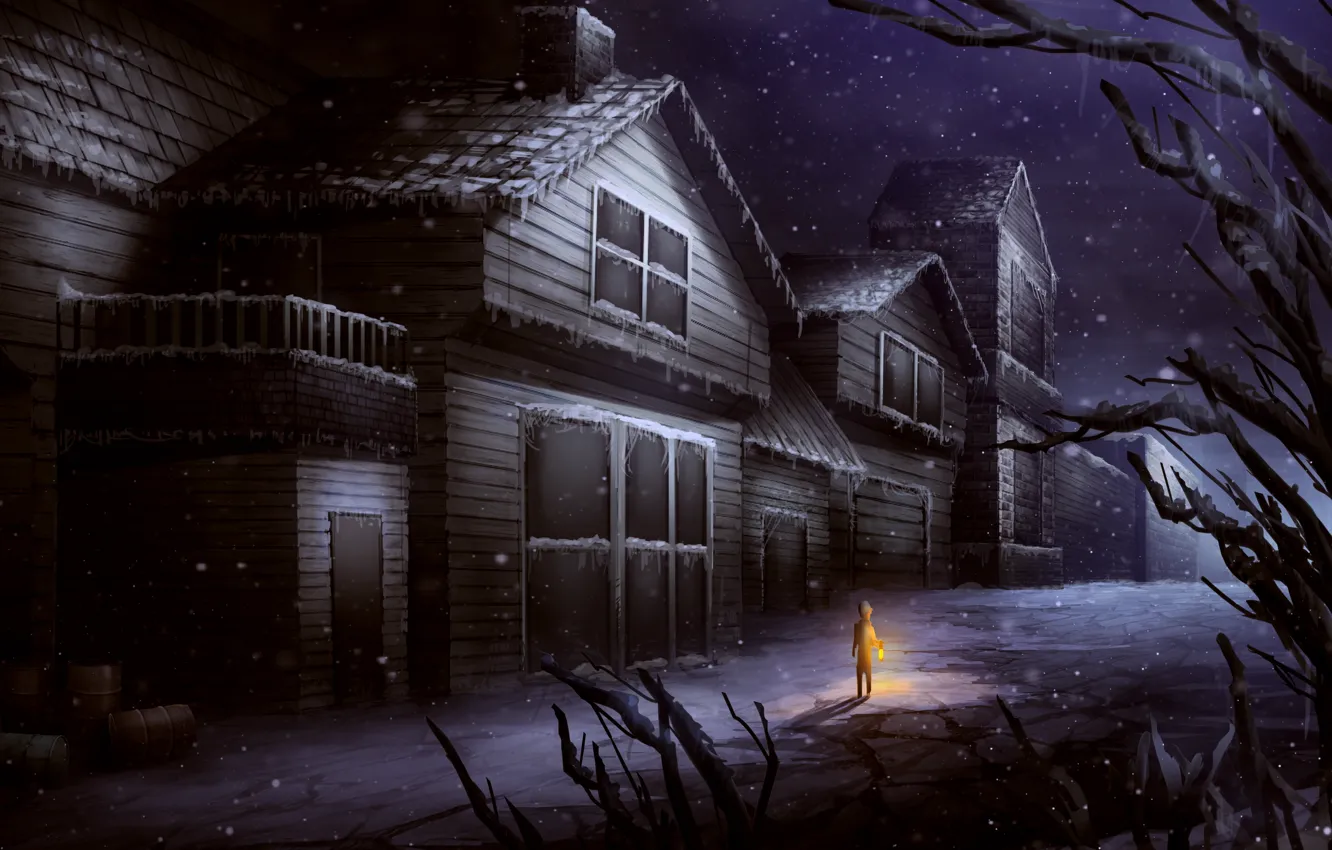 Photo wallpaper cold, winter, light, snow, trees, people, home, window