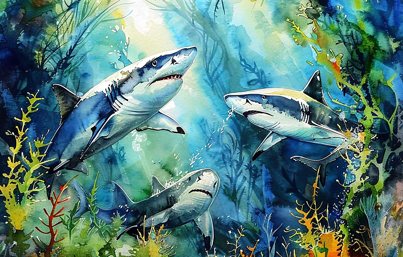Photo wallpaper algae, predator, shark, underwater world, three, digital art, imitation painting, AI art