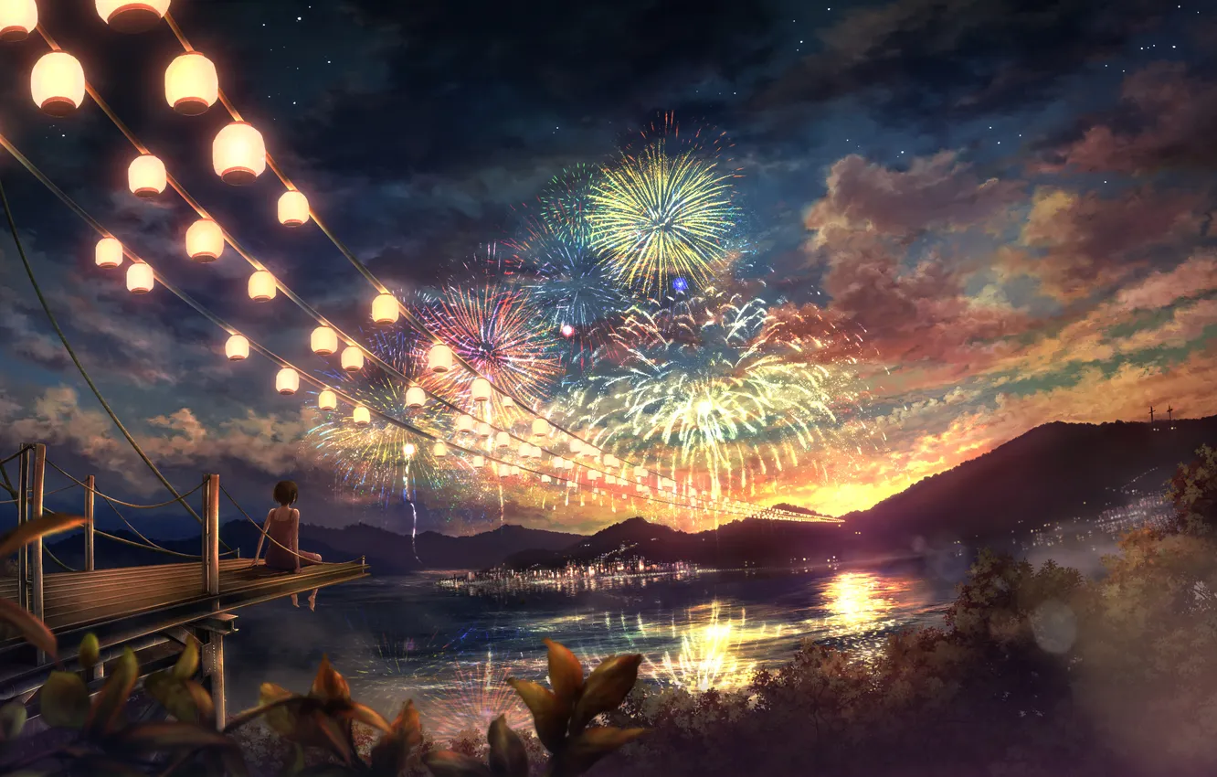 Photo wallpaper the sky, water, girl, clouds, trees, fireworks