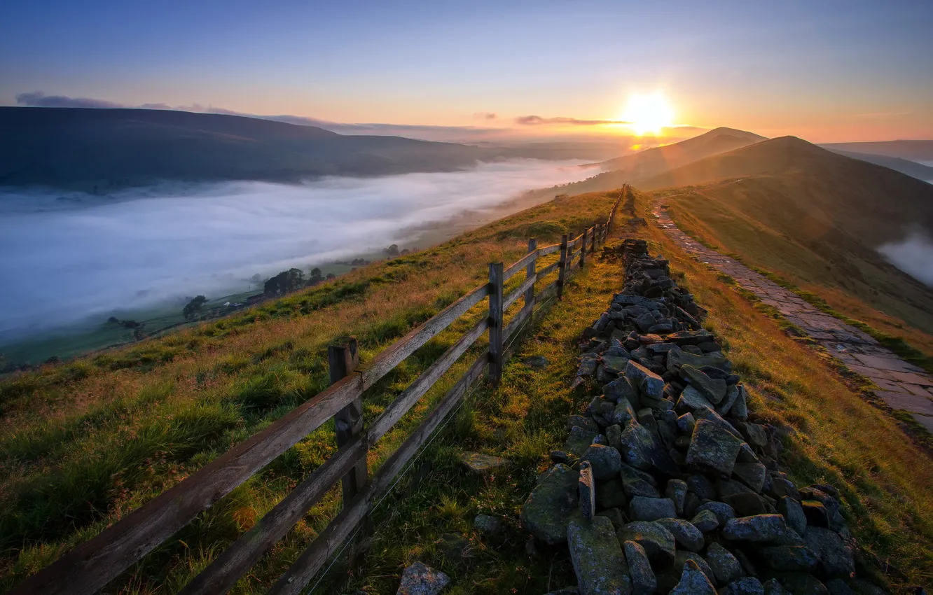 Photo wallpaper the sky, clouds, landscape, mountains, the fence