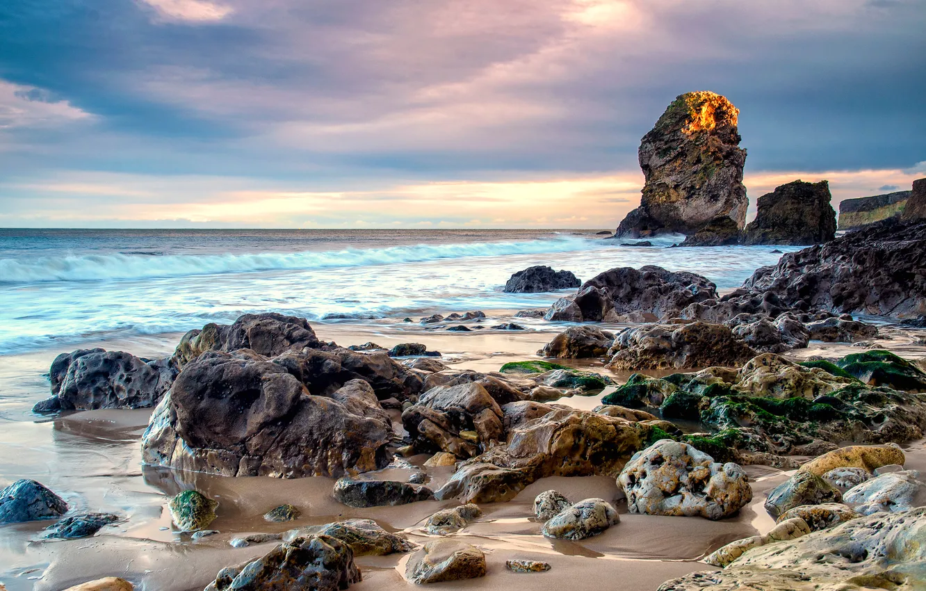 Photo wallpaper sea, the sky, clouds, stones, rocks
