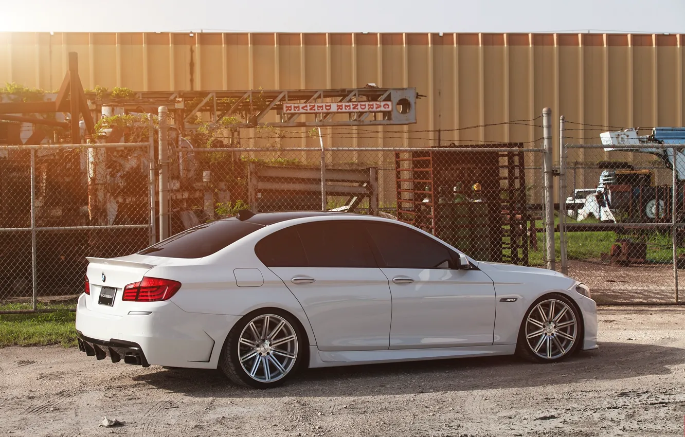 Photo wallpaper white, tuning, bmw, BMW, shadow, the fence, white, side view