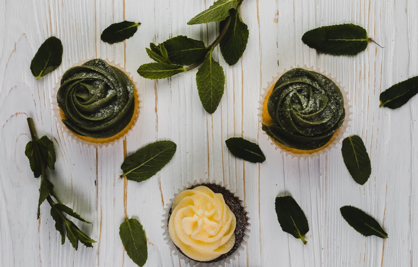 Photo wallpaper wood, leaves, chocolate, cream, dessert, cupcakes