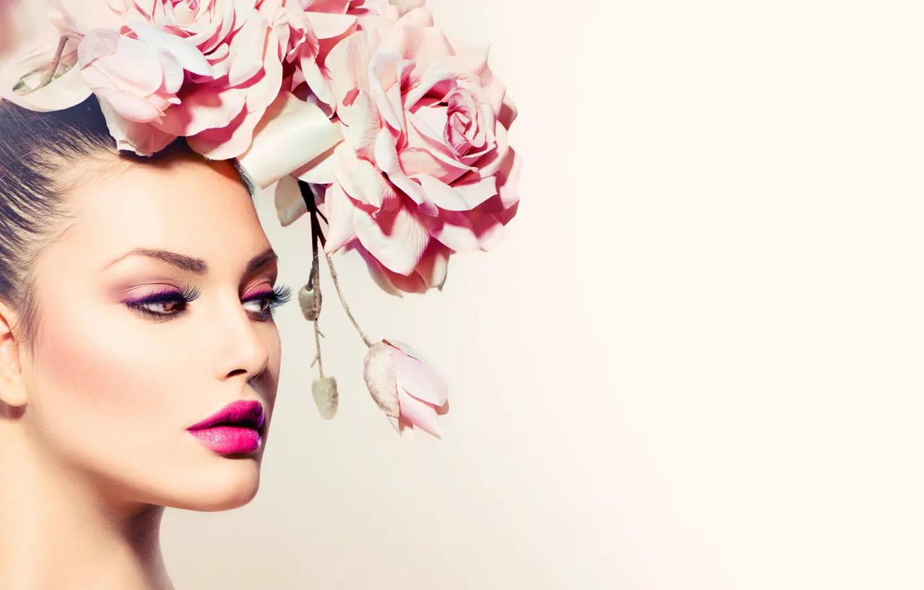 Photo wallpaper look, girl, pink, model, roses, makeup, Anna Subbotina