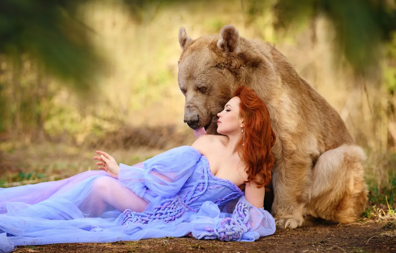 Photo wallpaper girl, nature, pose, style, bear, costume, outfit, image