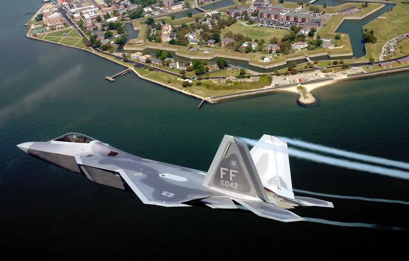 Photo wallpaper the plane, The city, Fighter, Raptor