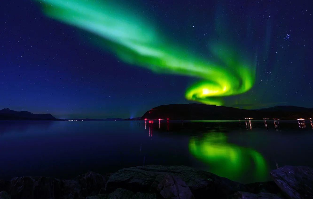 Photo wallpaper sea, lights, beauty, Norway, space, Aurora, Night, Norway