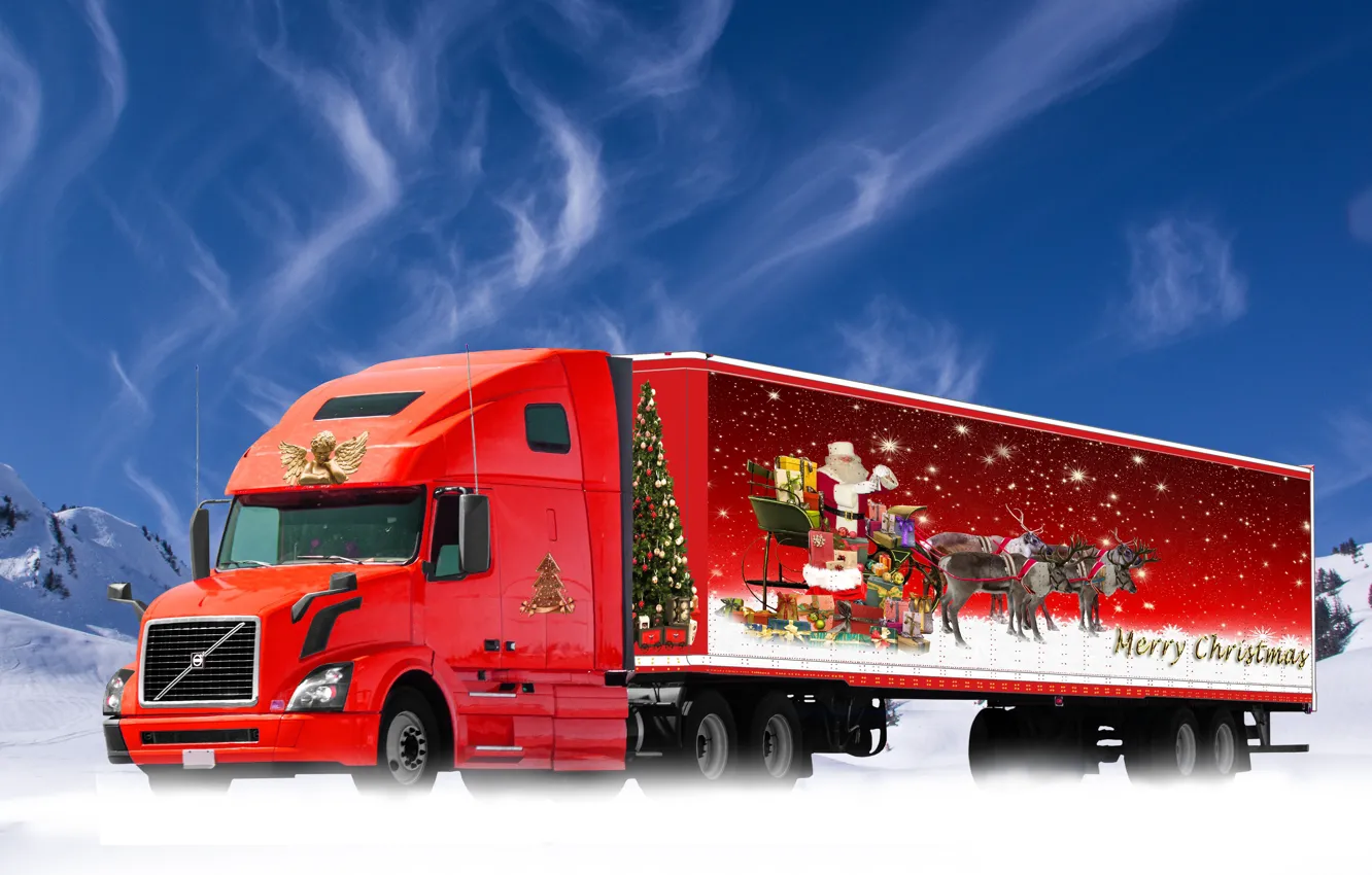 Photo wallpaper Red, Christmas, New year, Santa Claus, Car, Santa Claus, The truck, Gifts