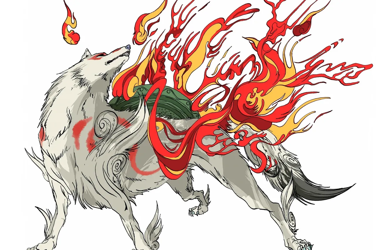 Photo wallpaper white, background, flame, wolf, claws, deity, Okami, Amaterasu