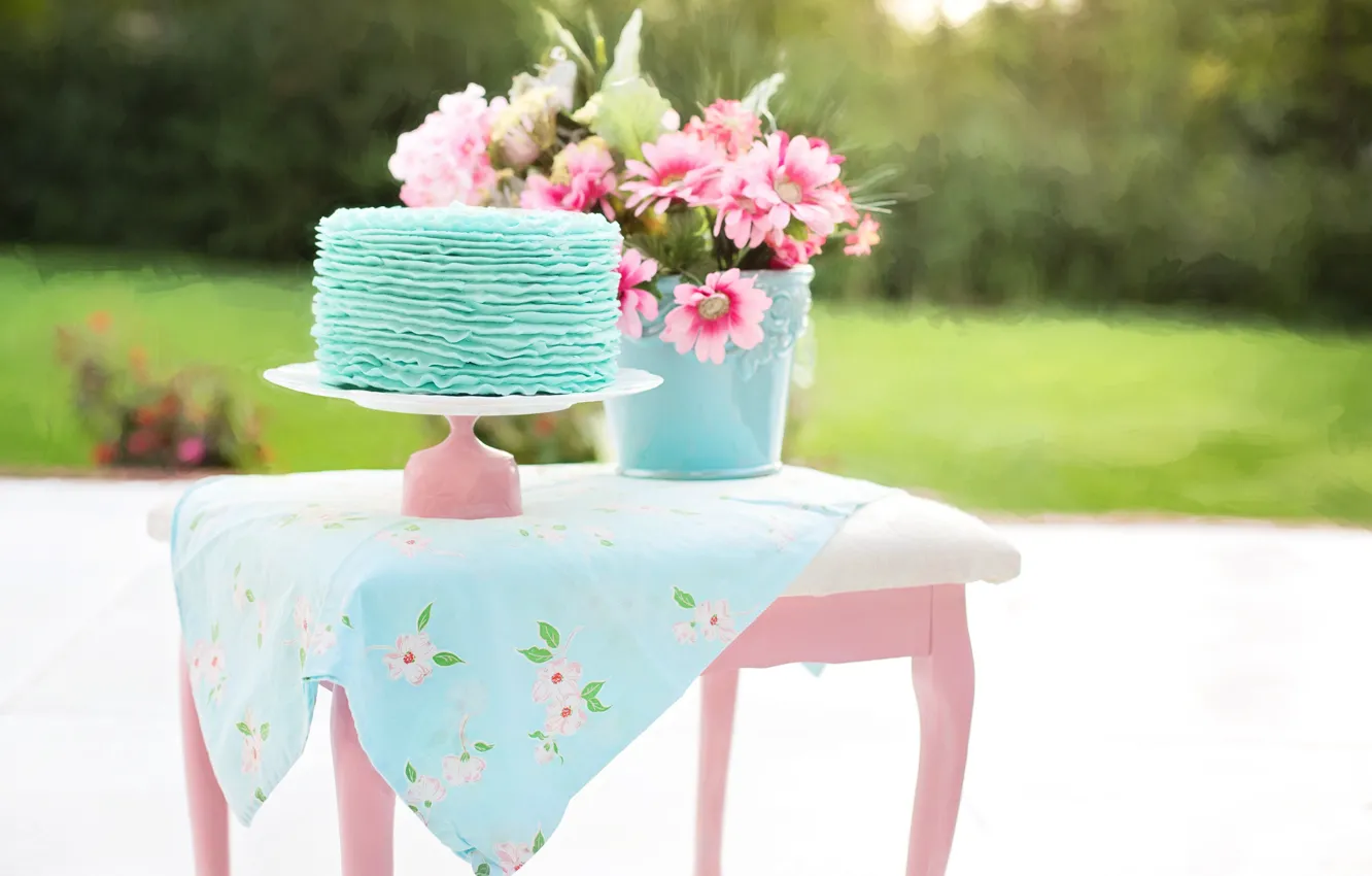 Photo wallpaper flowers, nature, table, bucket, cake