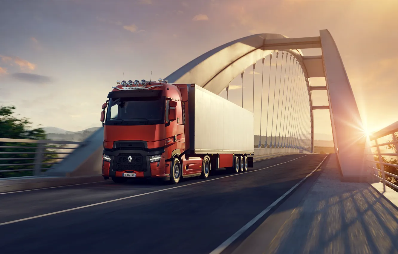 Photo wallpaper bridge, sunset, euro truck simulator 2, 2021, Renault Trucks, T-High 520