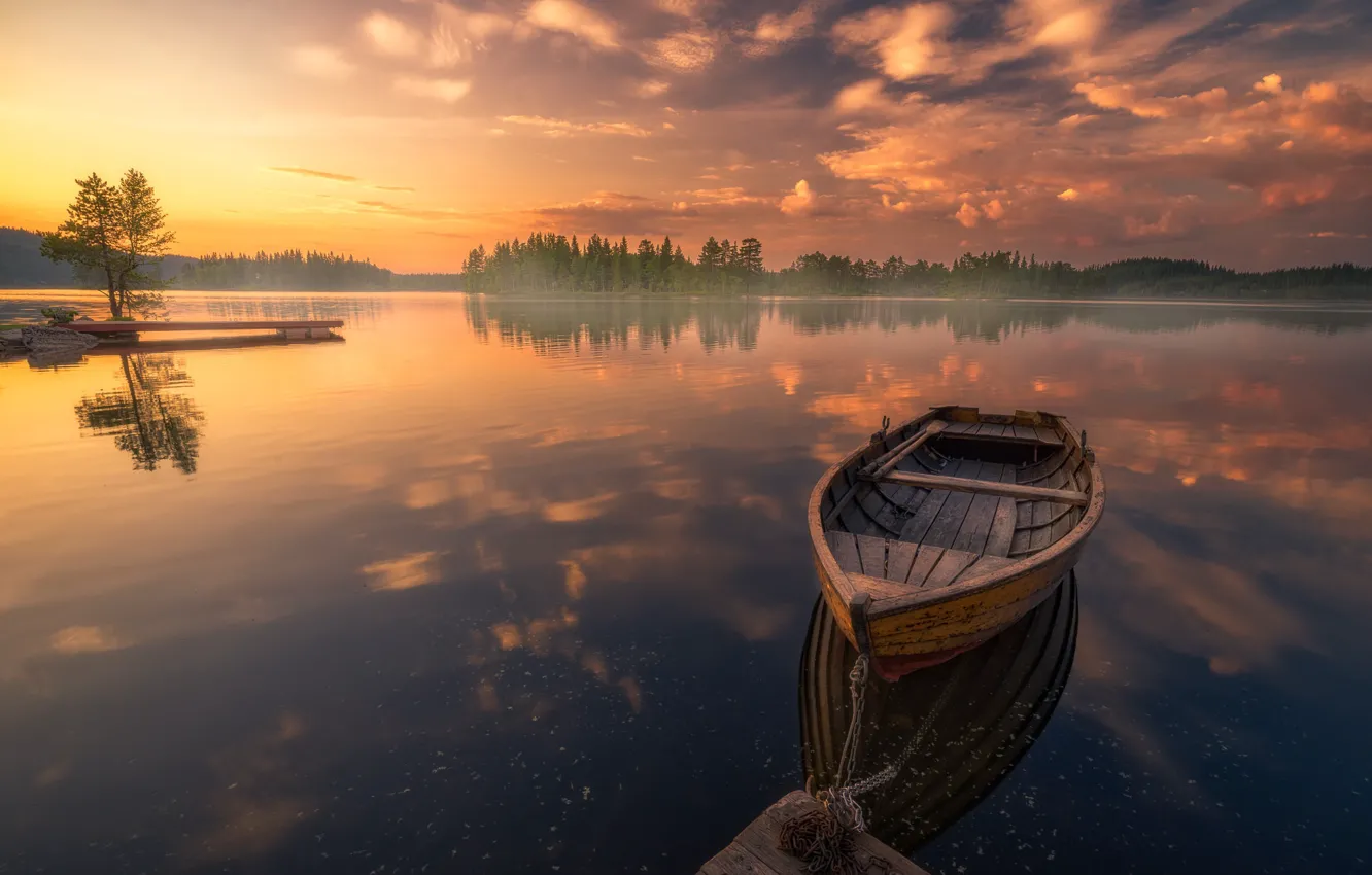 Photo wallpaper trees, lake, reflection, sunrise, dawn, boat, calm, morning