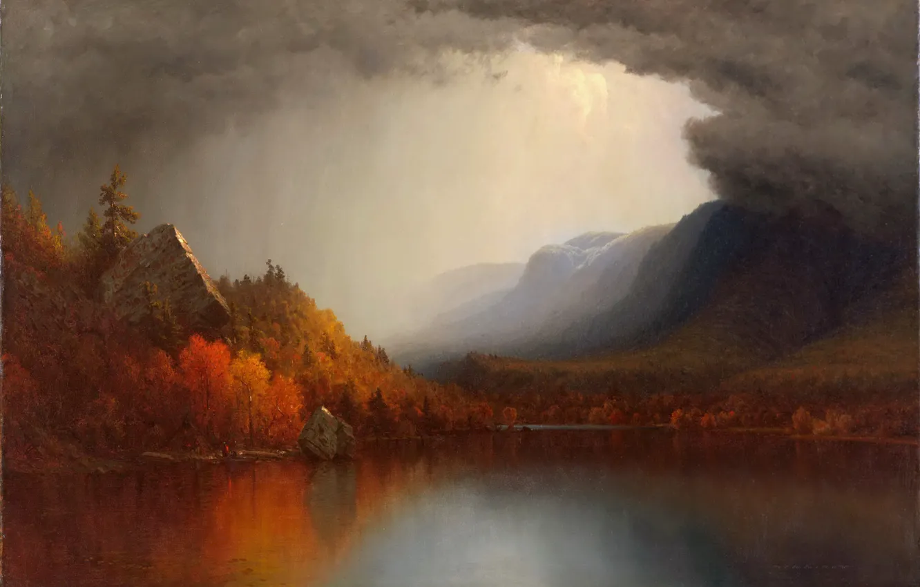 Photo wallpaper autumn, forest, landscape, clouds, lake, picture, Sanford Robinson Gifford