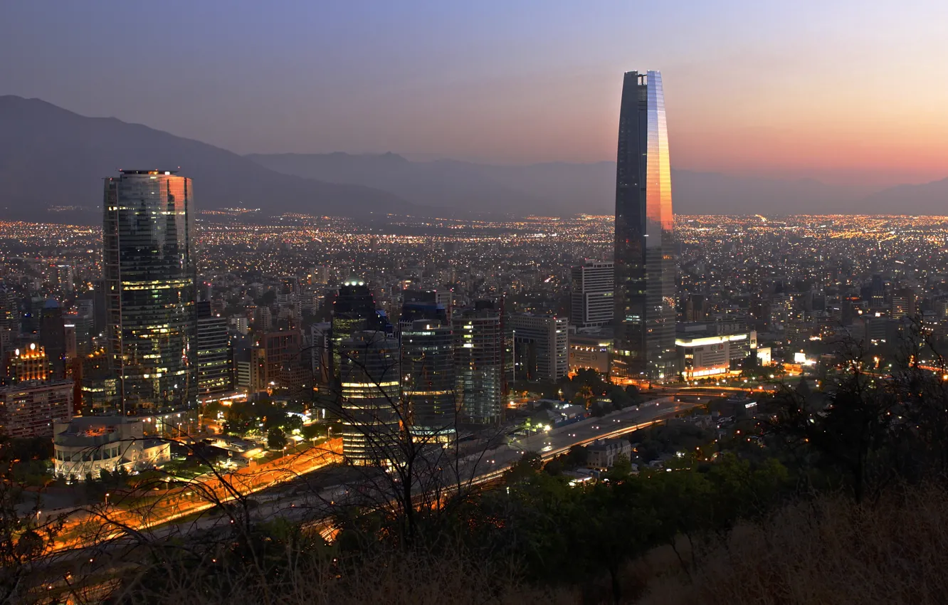 Photo wallpaper twilight, sunset, mountains, dusk, downtown, Santiago, cityscape, Chile