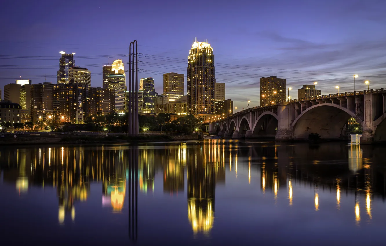 Photo wallpaper bridge, lights, reflection, river, home, lights, USA, Minneapolis