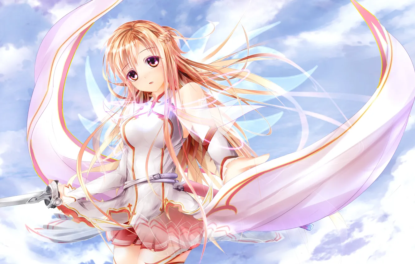 Photo wallpaper The sky, Clouds, Girl, Hair, Sword, Clothing, Belt, Weapons