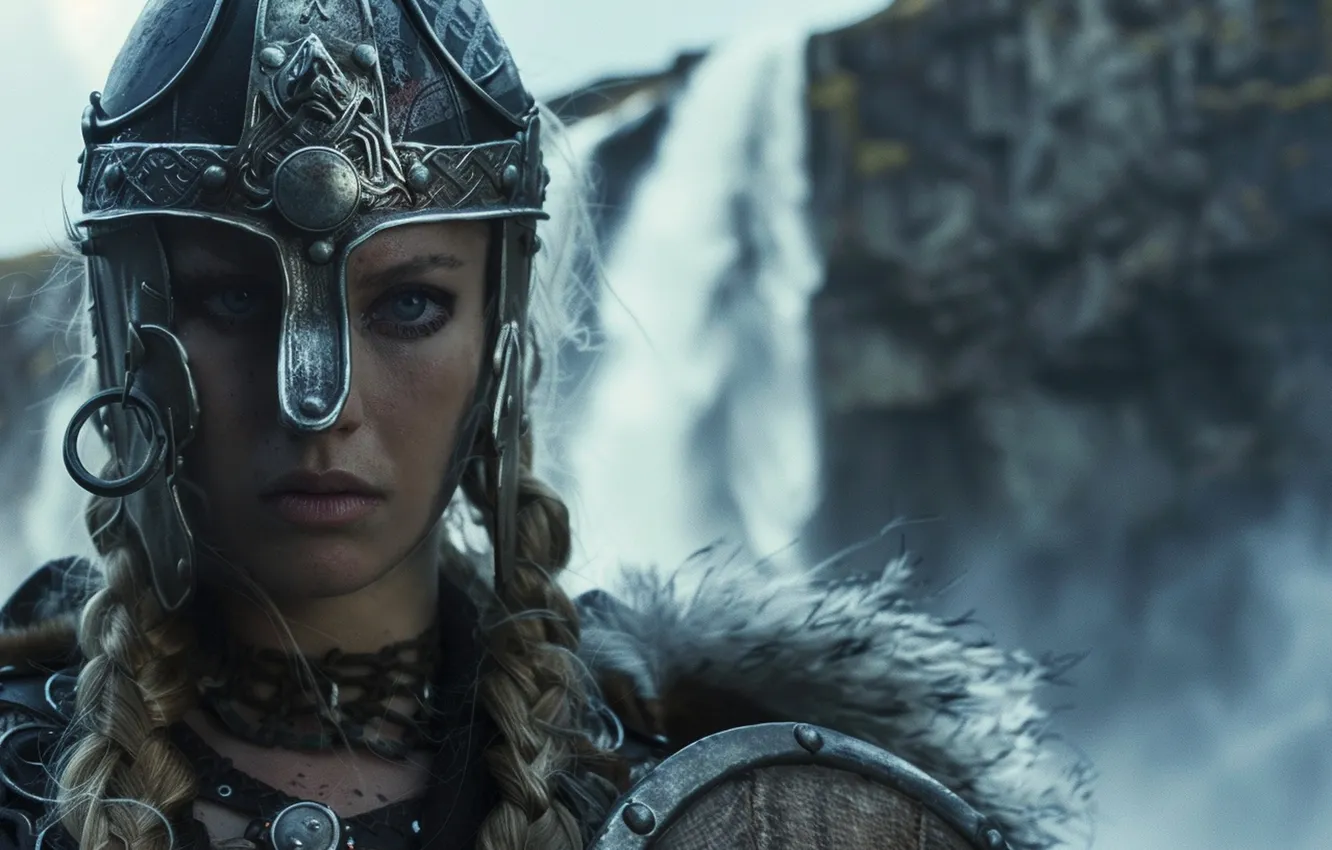Photo wallpaper look, girl, helmet, warrior, closeup, digital art, The Vikings, AI art