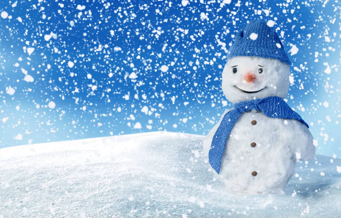 Photo wallpaper winter, snow, snowman, smile, winter, snow, snowman, Happy